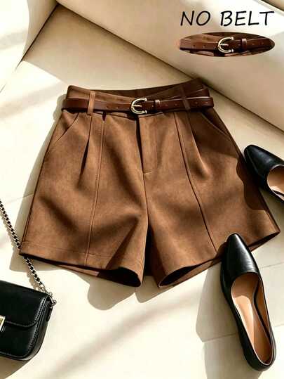SHEIN Franclia Europäisch und amerikanisch neue Mode französisch Vintage Wildleder Samt elegantes Design plissierte Schlitz Damen Shorts, Damen Frühling/Sommer Shorts, Herbst/Winter Kleidung, Herbst lange Stiefel Outfit, Urlaub, Ausflug, Y2K, Frühling, Sommer, Schulanfang, Lässig, Strand, Business, Vielseitig, Sexy, Damen braune Shorts, Damen Herbst/Winter Unterteile
