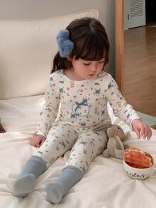 DAZY Baby Girls Round Neck All-Over Print Long Sleeve T-Shirt And Long Pants Loungewear Fall - Beige - View 4