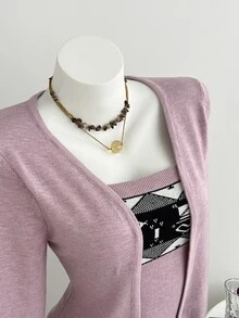 Elamini Sweater Wanita Lengan Panjang Warna Polos Motif Geometris 2 In 1 - Berwarna merah muda - View 4