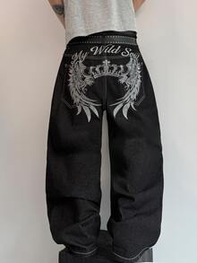 STEELVANCE 男士街頭風復古時尚百搭做舊水洗鉚釘翅膀刺繡寬鬆寬腿休閒牛仔褲（不含腰帶與配件） - 黑色 - 查看 6