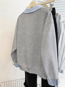 EMERY ROSE Minimalist Patchwork Striped Design Casual Everyday Versatile Plus Size Women's Sweatshirt - Multicolor - View 2