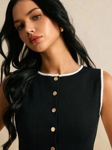 Poéselle Women's Trimmed Single-Breasted Casual Versatile Knit Vest - Black - View 6