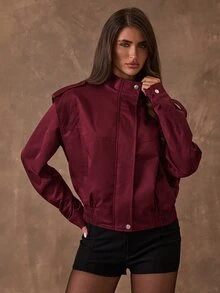 SHEIN BAE Jaket Kasual Wanita Lengan Panjang Kerah Tegak Warna Polos dengan Potongan Pinggang yang Pas - Burgundy - View 5