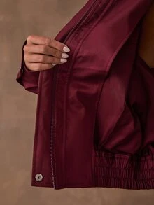 SHEIN BAE Jaket Kasual Wanita Lengan Panjang Kerah Tegak Warna Polos dengan Potongan Pinggang yang Pas - Burgundy - View 8