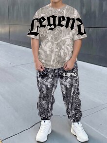 青少年男孩休閒舒適時尚極簡圓領短袖長褲T恤套裝，經典酷帥乾枝落葉楓葉印花，經典哥德文字印花，Y2K，適合秋冬 - 彩色 - 查看 1