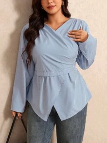 Elaquor Plus Size Autumn Casual Striped Wrap Shirt - Blue and White - View 6