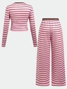 Tween Girls Versatile Pink Striped Colorblock Long Sleeve Top And Light Gray Pants 2 Pieces Set - Pink - View 5