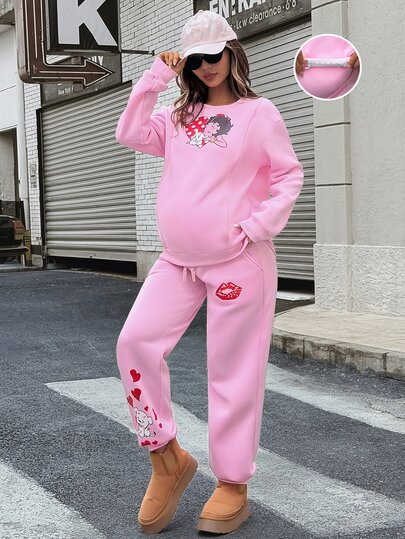 Lyckli Betty Boop x SHEIN Setelan Hamil 2 Potong: Sweatshirt dan Celana Jogging Fleece Motif Kartun