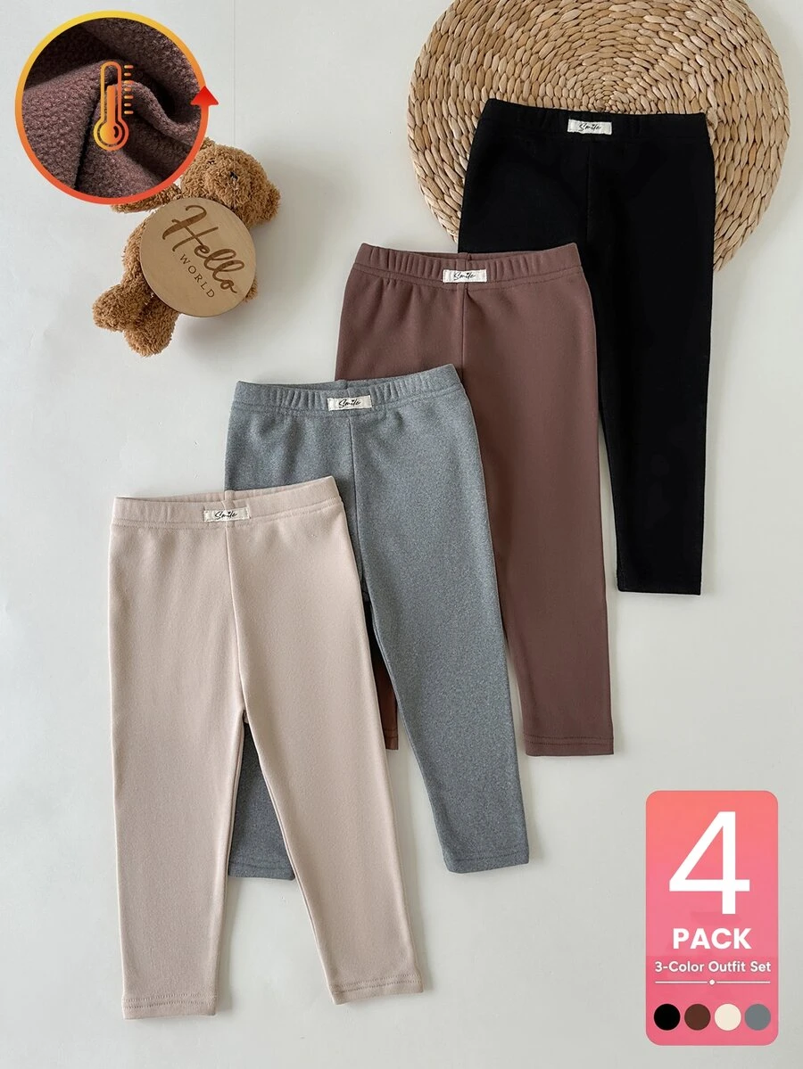 SHEIN Vintaside Kids Baby Girl Autumn/Winter Casual All-Match Minimalist Versatile Comfortable Fleece-Lined Thick Knit Solid Color Leggings 4pcs Set, Suitable For Daily Casual Wear, Outings, School Outfits - Multicolor - View 1