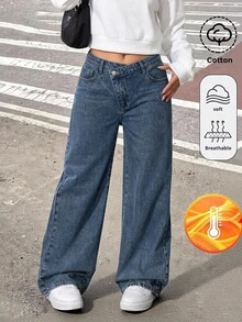 SHEIN 青少年女孩秋冬保暖藍色牛仔寬鬆長褲 刷毛內裡 2026秋冬款 可愛Y2K 百搭 萬聖節新年 - 中等水洗藍 - 查看 2