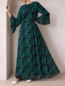 Graceveil Gaun Panjang Chiffon Bertekstur Bunga Hijau Tua dengan Hem Berlipit dan Berkerut, Leher Bulat, Lengan Mengembang Longgar, Gaya Elegan - MultiWarna - View 2
