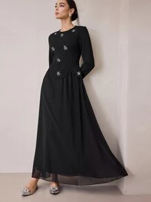 Graceveil Heavy Beaded & Rhinestone Embellished 2 In 1 Chiffon Full Skirt, Conservative Long Dress For Arab Women - Black - View 3