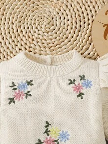 SHEIN 女嬰針織套頭連身衣，圓領長袖毛衣連身褲，舒適適合秋冬，帽袖，可愛俏皮時尚，刺繡花朵設計，優雅淑女風，精緻重工，杏色，日常百搭 - 杏色 - 查看 5