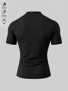 Gym Rark Men's Solid Color Button Half-Placket Short Sleeve Sports T-Shirt - Black - View 2