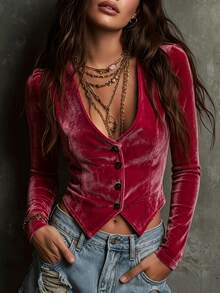 SHEIN LUNE Single-Breasted Decor Deep V-Neck Long Sleeve Velvet Cropped Top, Asymmetrical Pointed Hem Cardigan, Party Date Night Out Top, Christmas Gathering - Hot Pink - View 5