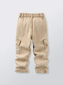 SHEIN Genkimix Kids 男童卡其色牛仔工裝褲，冬季休閒日常穿著，彈性腰頭附可調節抽繩，大口袋，寬鬆直筒版型，四季皆宜 - 卡其色 - 查看 2