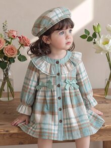 SHEIN Playful Pals 2件組幼女格紋洋裝 優雅薄荷綠蝴蝶結荷葉邊格紋長袖圓領常規款 婚禮派對秋季假期時尚貝雷帽 - 綠色 - 查看 1