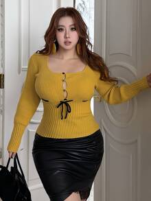 REIGN AVE Sexy Minimalist Sexy Wrap Tie Square Neck Long Sleeve Spring/Autumn New Korean Style Pullover Sweater Winter - Yellow - View 6