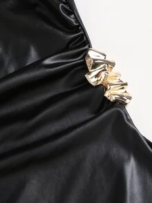 Sweetra Women's Black PU Leather Casual Minimalist Bandeau Sleeveless Ruched Waist Metal Buckle Decor Asymmetrical Hem Ruffle Patchwork Top - Black - View 6