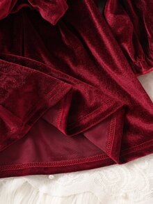 SHEIN Newborn Baby Girls Velvet Tutu Dress Sweet Elegant Burgundy Dress Big Bow Ruffle Solid Long Sleeve Thick Christmas Fall Winter Ballet Fuzzy Plush - Burgundy - View 6