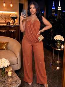 SOLERSUN Plus Size Elegant Party Strapless Ruched Draped Wide Leg Jumpsuit, High Elastic Textured Shiny Party, Fashion Elegant Commute Party Halloween Party - Rust Brown - View 1