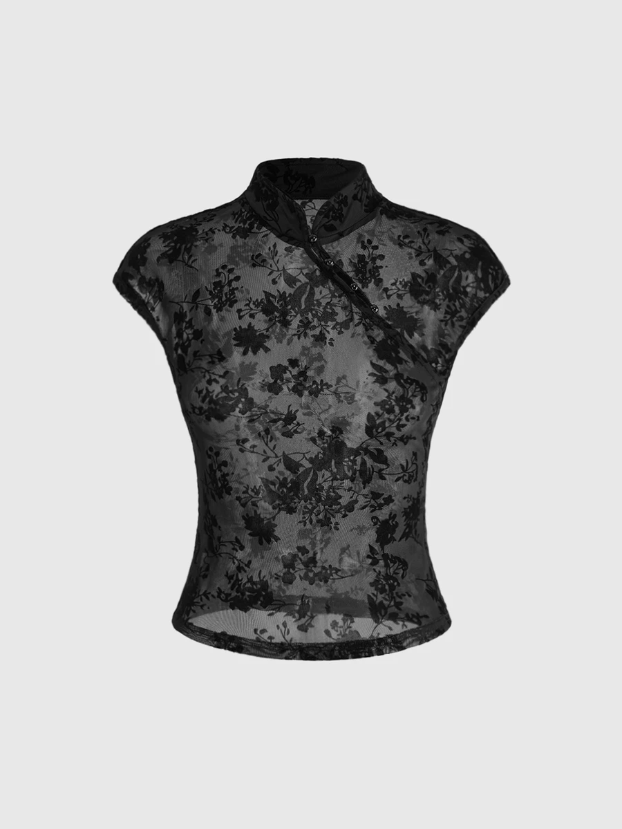 ROMWE Avant New Chinese Style Plant Flocked Sheer Qipao Collar Plus Size Mesh Top - Black - View 1