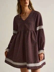 SHEIN Women's Simple Plaid Lace Trim Dress - Multicolor - View 6