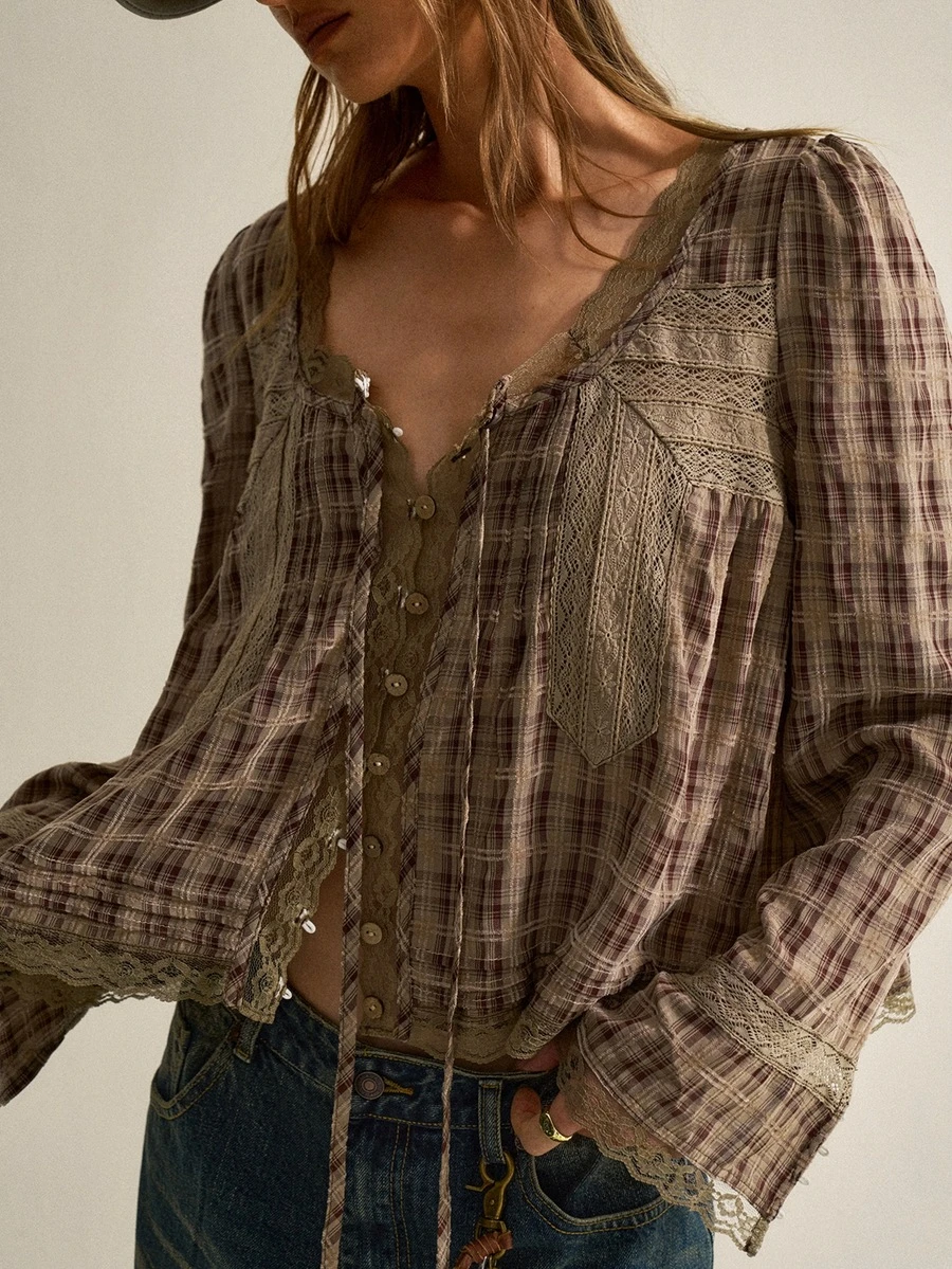 SHEIN Women's Plaid Lace Patchwork Button Tie Front Blouse - Coffee Brown - View 1