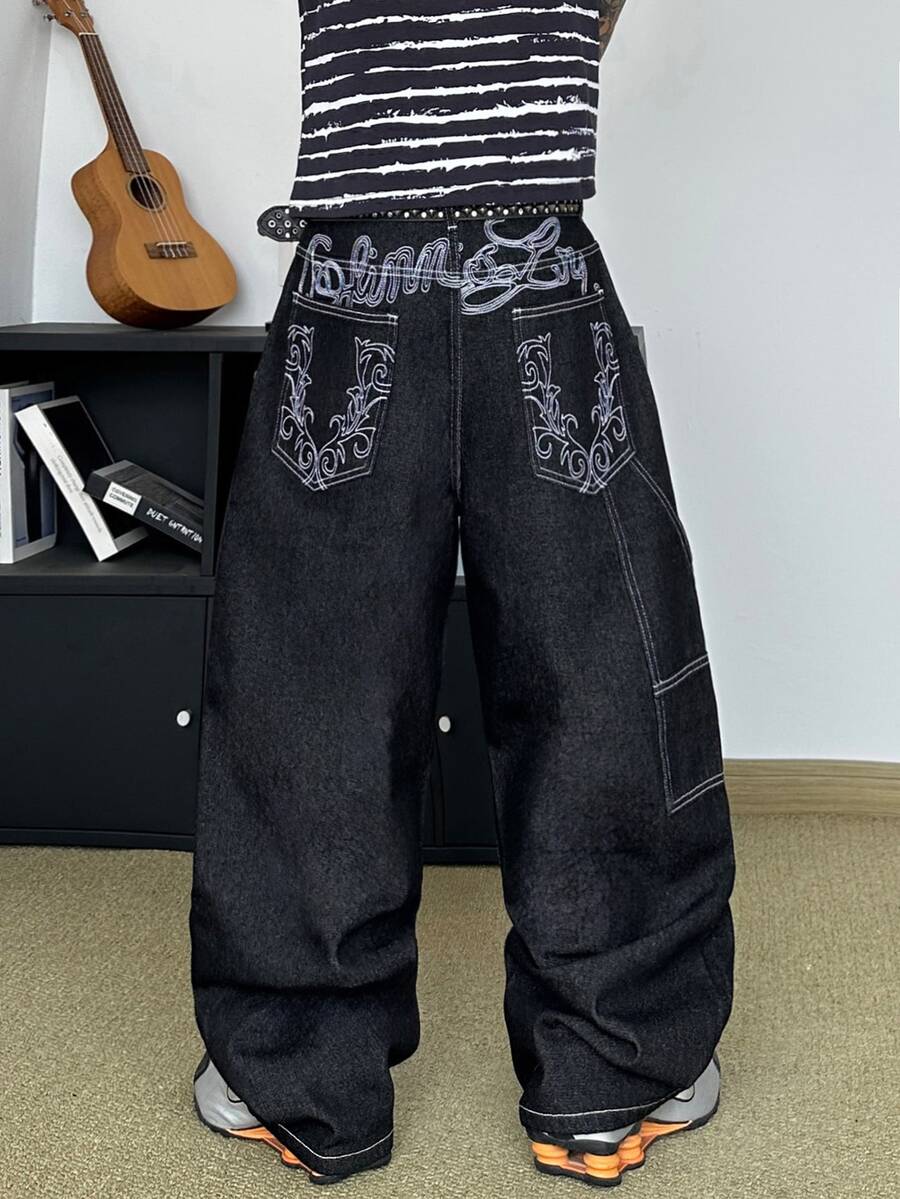 STEELVANCE Men's Streetwear Retro Fashion Versatile Distressed Washed Patchwork Studded Embroidered Design Loose Straight Wide Leg Casual Denim Jeans (Belt And Accessories Not Included) - Black - View 1