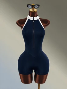 Amplova Backless Halter Neck Fitted Athletic Romper - Navy Blue - View 4
