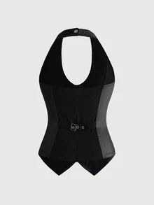 ROMWE Goth Women's Zipper Front Fashion Slim Fit Halter Neck Tank Top - Black - View 2