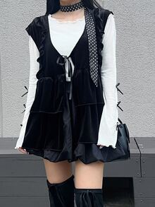 FRIFUL Women's Solid Color Front Tie Patchwork Ruffle Casual Elegant Tank Top Brunch Black Summer Fall - Black - View 2