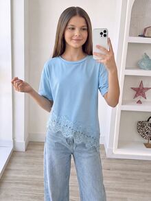 SHEIN Sparklyn 青少年女孩蕾絲拼接休閒百搭日常穿著T恤 - 藍色 - 查看 3