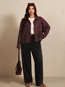 Elaquor Plus Size French Style Versatile Polka Dot Print Long Sleeve Jacket - Coffee Brown - View 4
