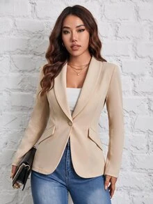 SHEIN PETITE 秋冬通勤穿搭 綠色水果領單扣黑色西裝外套 - 卡其色 - 查看 1