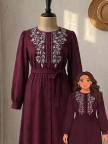 Feyla Plus Size Women's Floral Print Round Neck Long Sleeve Elegant Dress - Burgundy - View 6