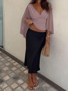 Siren Gaze Women's Solid Color Deep V-Neck Bell Sleeve Waist-Cinching Fashion Blouse - Dusty Purple - View 3