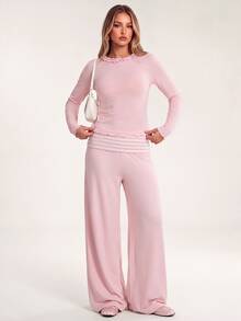 Avantive Women's Sweet Frill Trim Top And Striped Colorblock Pants 2 Pieces Set - Pink - View 5
