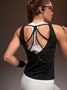 Powerista Women's Summer And Spring Black Color Comfort Fit Sports Back Lace-Up Design Tank Top Breathable Active Wear Casual Sleeveless Running Shirt - Black - View 6
