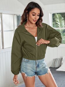 SHEIN Frenchy Jaket dengan Resleting dan Bahu Longgar untuk Musim Gugur/Dingin - Hijau Tentara - View 5