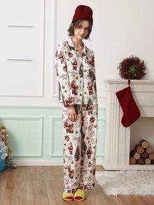Chillnights Women's Christmas Print Santa Claus & Christmas Tree Casual Lapel Long Sleeve Pants Pajama Set - Apricot - View 3