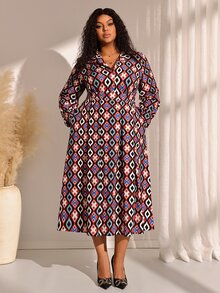 EMERY ROSE Gaun Wanita Ukuran Besar Lengan Panjang Motif Geometris dengan Saku, Kasual Elegan, Cocok untuk Musim Gugur, Kantor, Formal, dan Acara Malam, Warna Hitam - MultiWarna - View 2