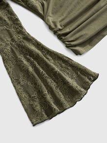 ROMWE Mori Style Hippie Fairycore V-Neck Lace Bell Sleeve Women's Top - Dark Green - View 4