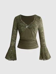 ROMWE Mori Style Hippie Fairycore V-Neck Lace Bell Sleeve Women's Top - Dark Green - View 1