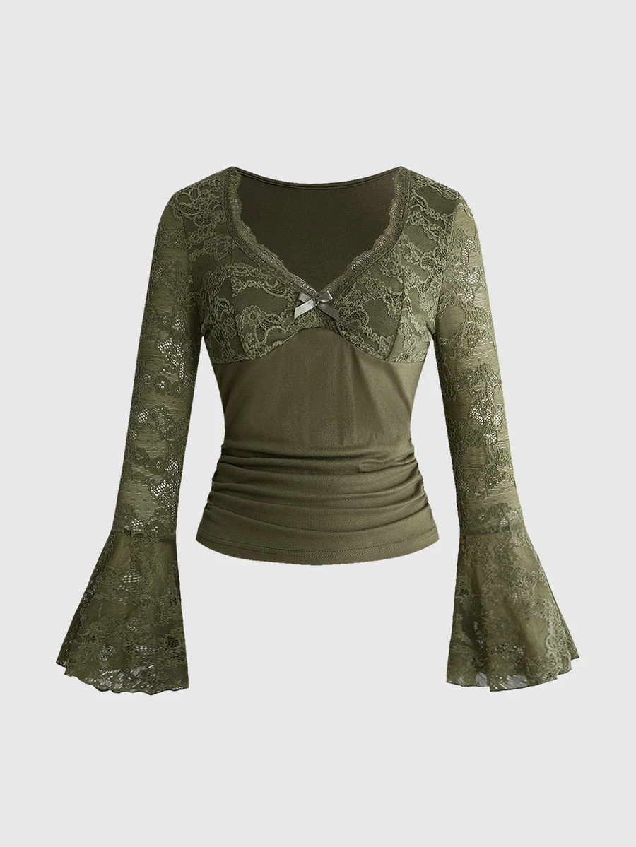 ROMWE Mori Style Hippie Fairycore V-Neck Lace Bell Sleeve Women's Top - Dark Green - View 1