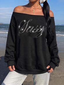 SHEIN EZwear 淺灰色女款露肩寬鬆休閒長袖衛衣，34%棉，經典休閒時尚優雅街頭風，水鑽圖案，草體英文文字，返校穿搭 - 黑色 - 查看 3