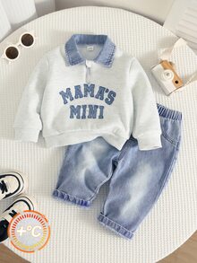 SHEIN 2件組男嬰秋冬休閒 Polo 運動衫與牛仔褲套裝 - 彩色 - 查看 1