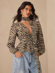 SHEIN Glamour Zebra Deep V-Neck Lantern Long Sleeved Shirt With Elegant Ribbon Decoration, Suitable For Gatherings - Brown - View 3
