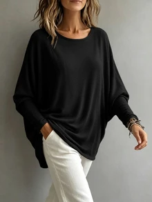 Breezaya Women's Solid Color Minimalist Versatile Top For Daily Commute - Black - View 2