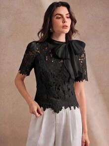 Anewsta Autumn French Gentle Style Black Hollow Lace Bow Versatile Women's Blouse - Black - View 5